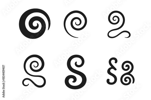 Abstract Spiral Sigils. Solid style icons of abstract spiral sigils: translucent vortex, delicate whorl, fine spiral, fragile eddy