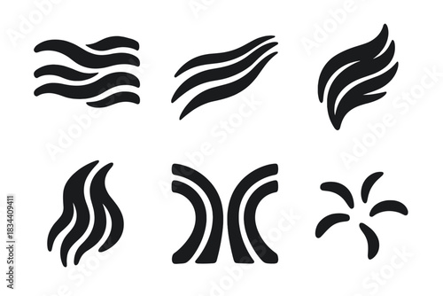 Smooth Flow Icons. Solid style icons of smooth directional streams: flowing current, soft stream, feathery movement, downy flow,