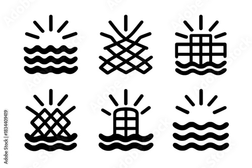 Radiant Water Icons. Solid style icons of radiant water motifs: structured glow, luminous network, grid of light, bright framework