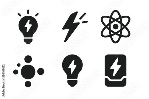 Subtle Energy Icons. Solid style icons of subtle energy cues: charged notion, electrified hint, atomic intuition, particle clue,