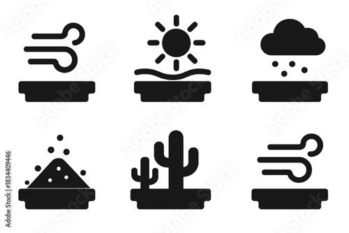 Solid Arid Ledge Icons. Solid style icons of arid choice ledges: windy ledge, hot wind shelf, dusty windowsill, sandy sill, desert