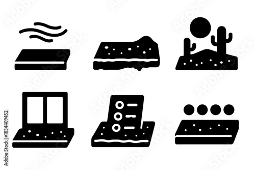 Desert-Inspired Icon Set. Solid style icons of dusty option hubs: windy sill, sandy ledge, hot desert shelf, dusty platform, arid