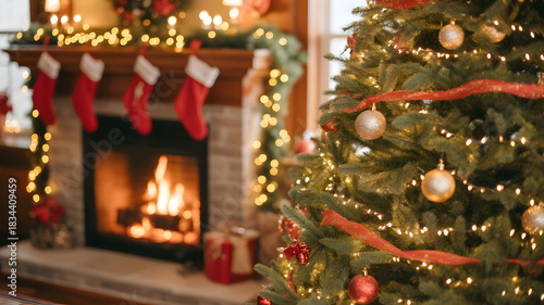 Wallpaper Mural Cozy christmas scene with decorated tree and fireplace with stockings hanging Torontodigital.ca