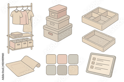 Closet Organization Elements. Isometric vector illustration set of professional closet makeover: adjustable wardrobe frame,