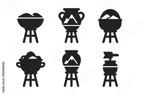 Elevated Vessel Icons. Solid style icons of elevated guiding vessels: highland vessel, elevated urn, mountainous container,