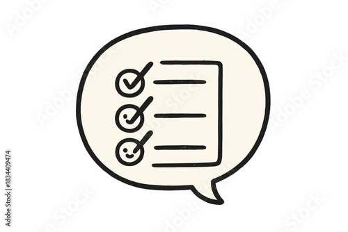Happy Checklist Doodle. Adorable doodle speech bubble containing a tiny checklist with happy check marks and friendly chat vibes,