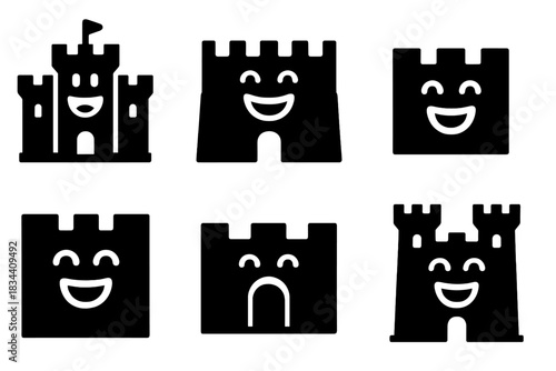 Ecstatic Fortress Icons. Solid style icons of story-filled fortifications: ecstatic fortress, blissful rampart, joyful wall,