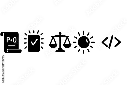 Philosophical Truth Icons. Solid style icons of philosophical truth: open scroll of logic, glowing tablet of reason, balanced