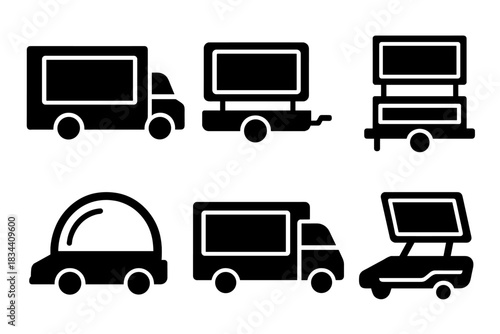 Futuristic Vehicle Displays. Solid style icons of modern presentation: sleek display vehicle, neon-lit cart platform, modular