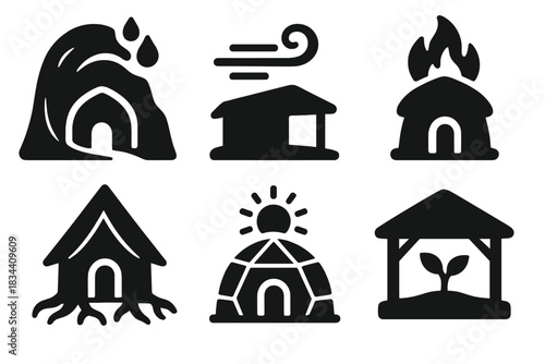 Elemental Retreat Icons. Solid style icons of elemental retreats: water-formed grotto home, wind-carved shelter, fire-hardened