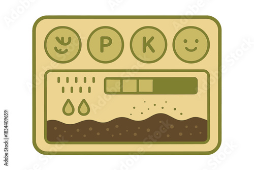 Soil Health Dashboard. a soil health dashboard with smiling nutrient icons and balanced moisture indicators, olive and ivory tones