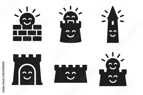 Emotional Architecture Icons. Solid style icons of emotional architecture: radiant story wall, glowing joy bastion, shining