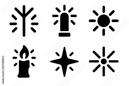 Radiant Symbol Icons. Solid style icons of symbolic light: radiant rune, glowing inscription mark, luminous script etching, divine