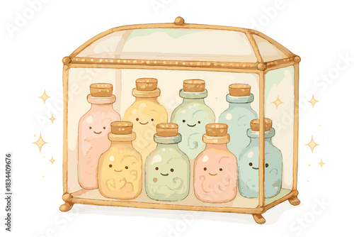 Whispering Bottles Display. A delicate display case with happy little bottles containing playful whispers of forgotten rumors,