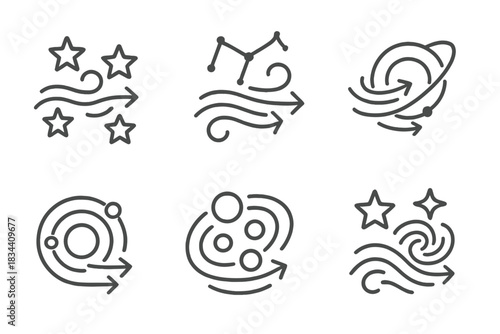 Cosmic Wind Icons. Icons for: a cosmic wind linking stars, a stellar breeze joining constellations, an astral current binding