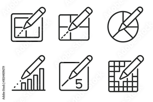 Digital Stylus Icons. Icons for: a digital pen measuring screen zones, a smart stylus tracking divided fields, an electronic nib