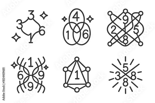 Mystical Number Icons. Icons for: mystical numbers creating bonds, sacred digits connecting worlds, divine arithmetic forming