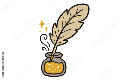 Golden Inkwell Sparkle. Adorable doodle quill pen dipping into a small inkwell of shimmering liquid gold, sparkles and gentle