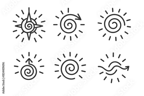 Radiant Spiral Icons. Icons for: a radiant spiral compass guiding paths, a glowing swirl indicating direction, a luminous vortex