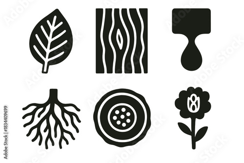Organic Printing Icons. Solid style icons of organic printing: leaf vein woodcut, bark pattern engraving, sap flow stamp, root