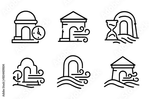 Wind Time Structures. Icons for: wind-timed burial chambers aligned with motion, airy tombs marking invisible hours, breeze-carved
