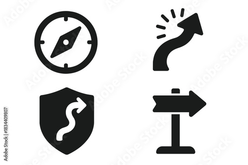 Visionary Exploration Icons. Solid style icons of visionary exploration: pioneering compass emblem, radiant path shift, glowing