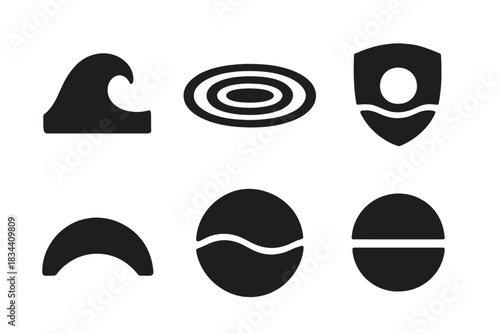 Emotional Depth Icons. Solid style icons of emotional depth: melancholic wave symbol, somber ripple emblem, shaded harmony crest,