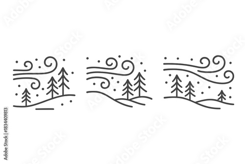 Arctic Storm Trios. Icons for: frozen landscape storm trios, three-pane arctic motion pieces, aligned snow bursts in sequence,