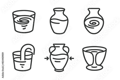 Stylized Fluid Containers. Icons for: core undertow receptacles, sunken whirl jars, gravity-centered liquid vessels, inward drag