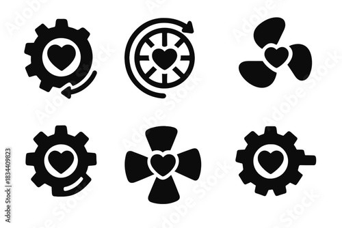 Emotional Mechanics Icons. Solid style icons of emotional mechanics: rotating heart gear, pivoting passion wheel, longing turbine