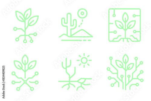 Futuristic Eco Icons. Solid style icons of futuristic ecology: neon flora circuit, glowing desert sensor line, radiant plant tech