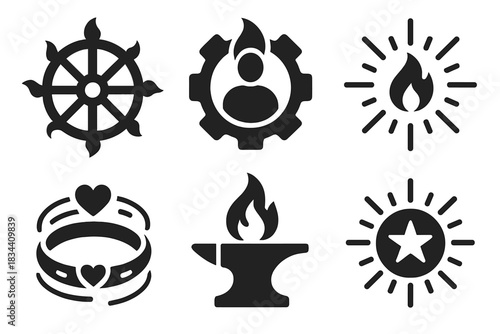 Spiritual Creation Icons. Solid style icons of spiritual creation: karmic desire wheel, turning soul engine, revolving yearning