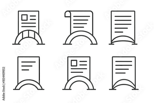 Geometric Document Icons. Icons for: geometric document bridge displays, linear scroll spans, minimal manuscript overpasses,