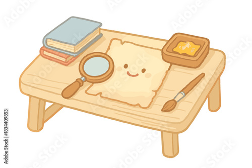 Miniature Restoration Desk. A miniature restoration desk with cheerful parchment, magnifier, and gold leaf tool, soft pastel