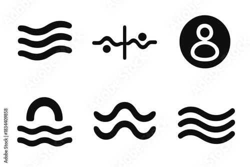 Meditative Motion Icons. Solid style icons of meditative motion: flowing calm channel, rhythmic focus stream, centered vibration