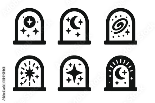 Cosmic Awareness Icons. Solid style icons of cosmic awareness: celestial insight gate, stellar understanding portal, galactic