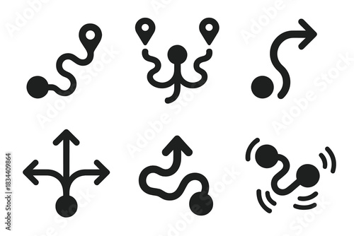 Emotional Travel Icons. Solid style icons of emotional motion: restless route path, agitated travel hub, anxious direction arc,