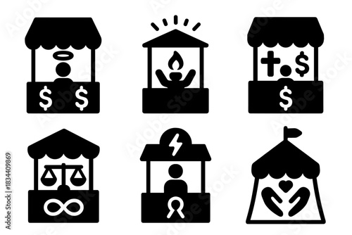 Spiritual Market Icons. Solid style icons of spiritual exchange: divine market stall, radiant offering kiosk, sacred trade stand,