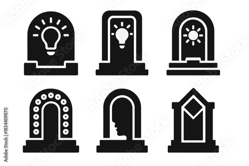 Symbolic Gateway Icons. Solid style icons of symbolic gateways: radiant knowledge arch, luminous insight door, glowing clarity