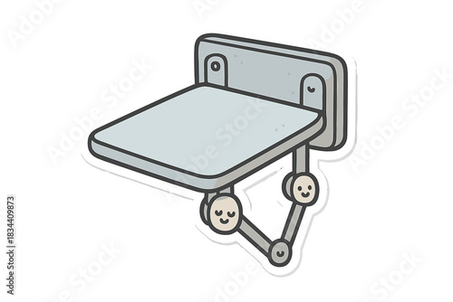 Playful Foldable Table. A wall-mounted table mid-fold with tiny happy hinges, soft rounded edges, limited pastel gray and light