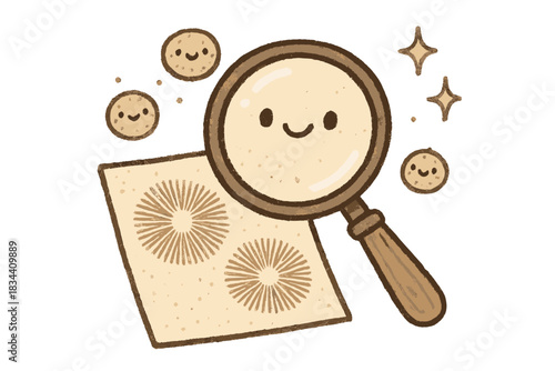 Smiling Floating Spores. Adorable doodle magnifying glass highlighting delicate spore prints on paper, tiny floating spores