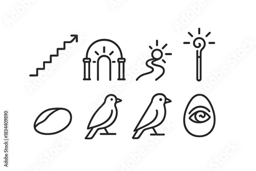 Augury Pilgrimage Icons. Line style icons of augury pilgrimage: sacred steps, divine gate, visionary path, illuminated staff,