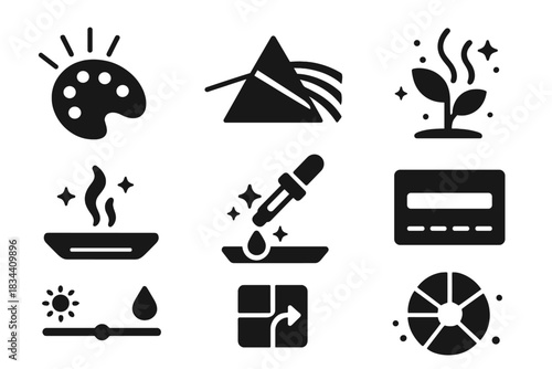 Flavor Light Icons. Solid style icons of flavor and light pairing: flavor palette with beam lines, prism taste wheel, glowing