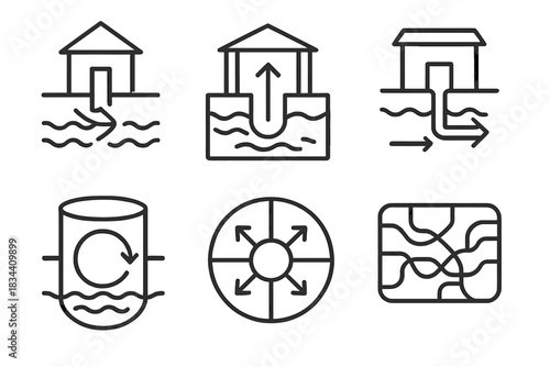 Fluid Navigation Icons. Icons for: groundwater guidance rooms, carved fluid orientation halls, subsoil navigation spaces, pressure