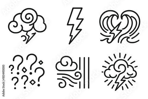 Stormy Curiosity Icons. Line style icons of stormy divide of curiosities: swirling clouds, split lightning, divided wave, curious