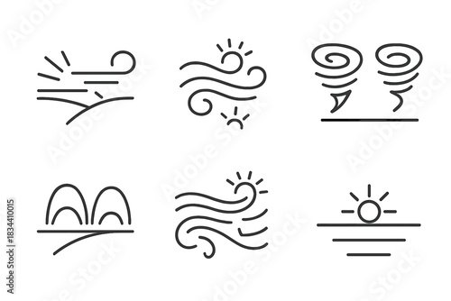 Wind-Split Field Icons. Line style icons of wind-split field of curiosities: airy gap, luminous breeze, twin storms, curious arcs,
