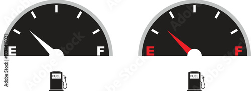 Set of fuel gauge meter icons with full and empty indicator signs. Car dashboard elements showing petrol level. Automotive gas symbol. Vector illustration isolated on transparent background.