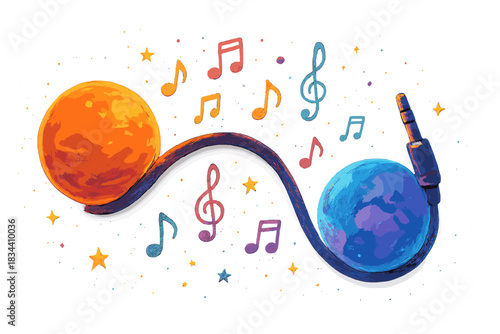 Cosmic Cable Connection. Sweet doodle cable curving like a cosmic bridge between two glowing planets, music and starlight