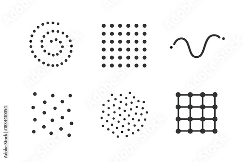 Speck Gathering Patterns. Line style icons of speck gathering patterns: dotted swirl, clustered grid, particle wave, ordered