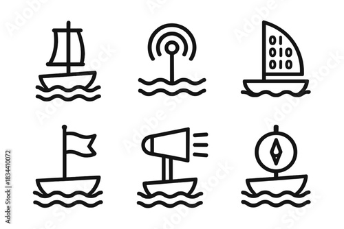 Nautical Line Art Icons. Line style icons of ship arm results: mast bar, ocean signal, data sail, result flag, marine beam,